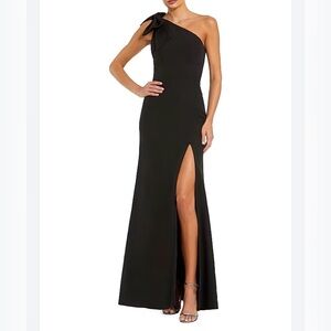Mac Duggal One-Shoulder Black Evening Gown with Side Thigh Slit